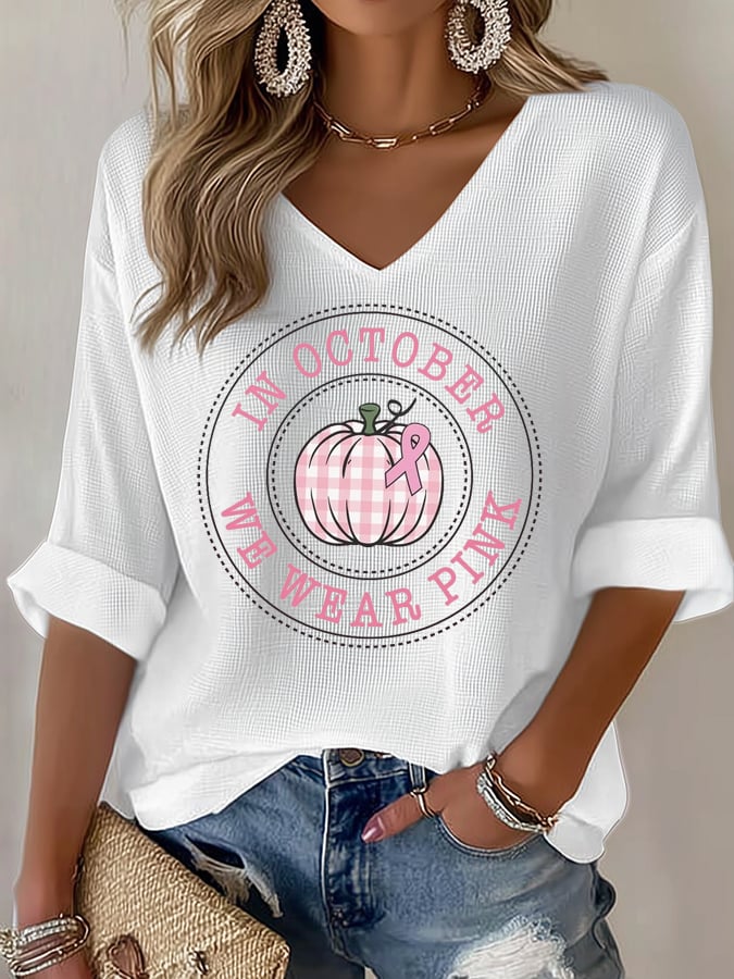 Women's In October We Wear Pink Waffle Long Sleeve T-shirt