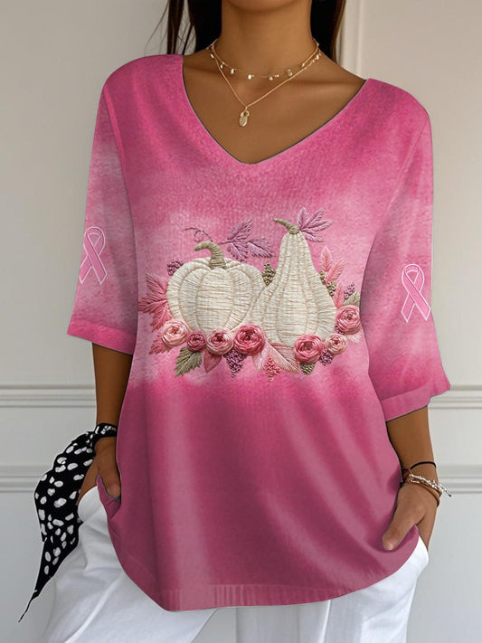 Women's Pink Pumpkin Ribbon Print Mid Sleeve T-Shirt