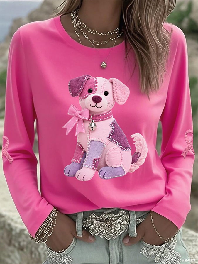 Women's Pink Dog Pink Ribbon Breast Cancer Awareness Support Print Casual Long Sleeve T-Shirt