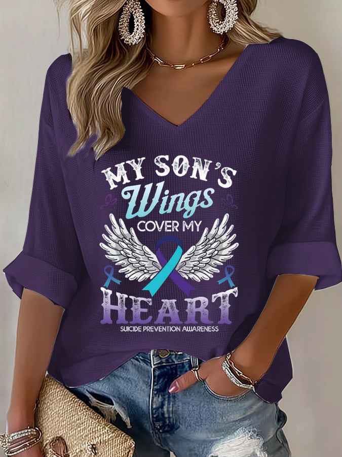 Women's My Sons Wings Cover My Heart Print Casual T-Shirt