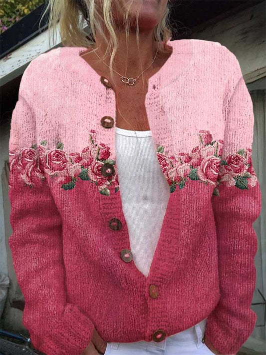 Women's Pink Floral Breast Cancer Awareness Print Buttoned Cardigan Sweater