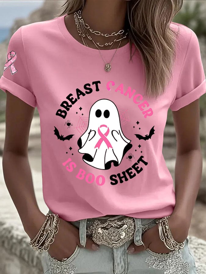 Women's Casual Retro Breast Cancer is Boo Sheet Ghost T-Shirt