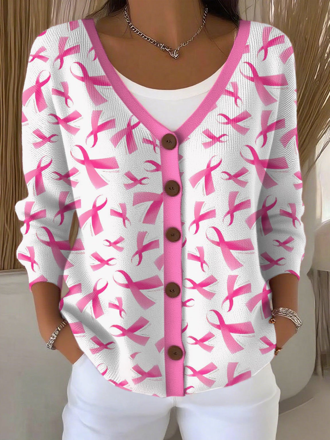 Women's Breast Cancer Ribbon Print Chunky Knit Cardigan