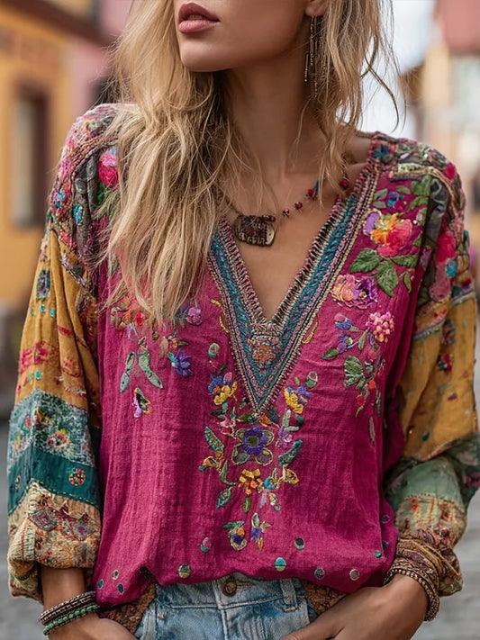 Women's Casual Vintage Breast Cancer Awareness Bohemian V-Neck Top