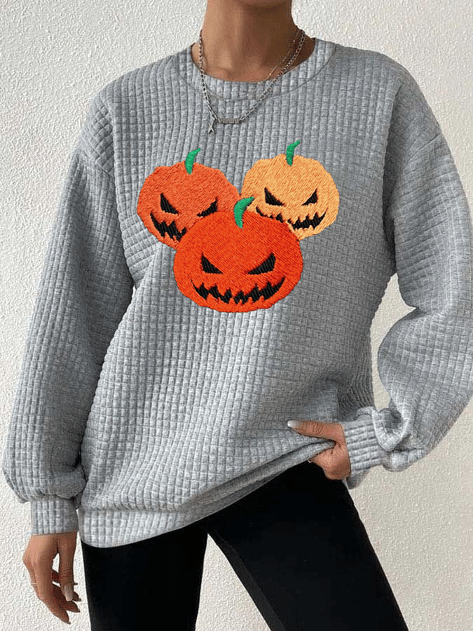 Women's Ghost Face Pumpkin Round Neck Waffle Sweatshirt