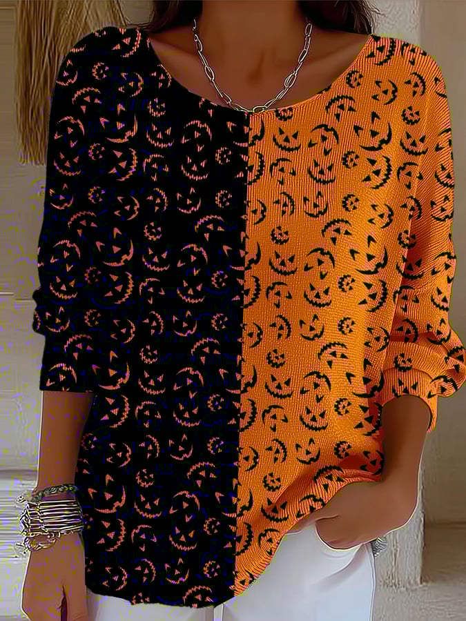 Women's Halloween Pumpkin Ghost Face Design Printed Casual Pit Strip Fabric Long-Sleeved T-Shirt