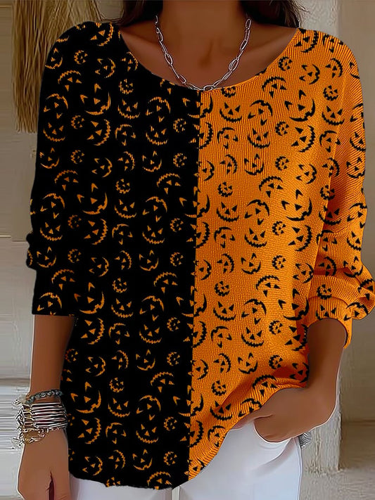 Women's Halloween Pumpkin Ghost Face Design Printed Casual Pit Strip Fabric Long-Sleeved T-Shirt
