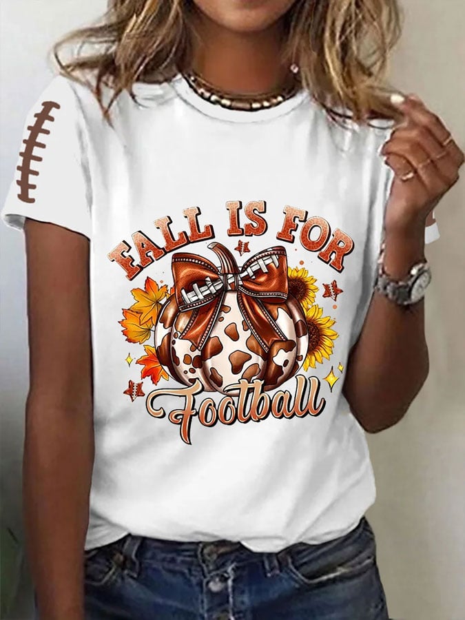 Women's Fall Is For Football Printed Round Neck T-Shirt