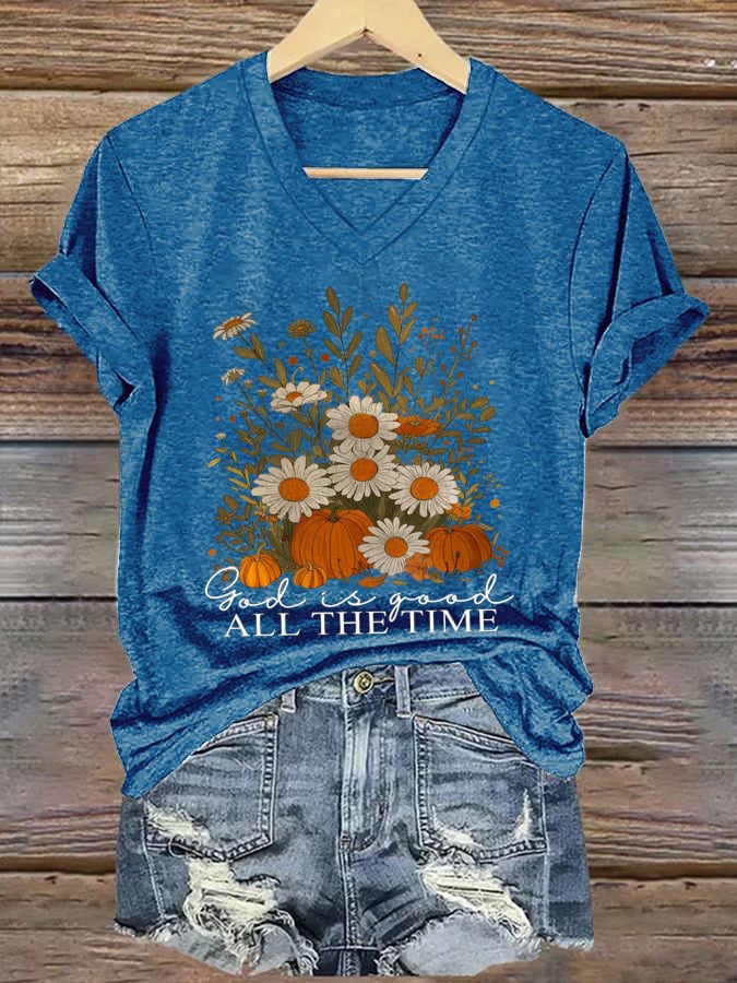 V-Neck Retro Autumn Christianity Print T-Shirt