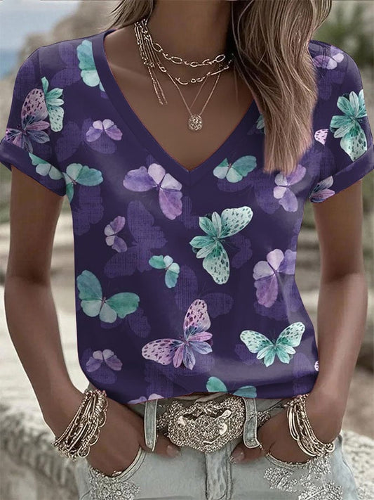 Women's Retro Wear Teal And Purple Butterfly Printed Casual T-Shirt
