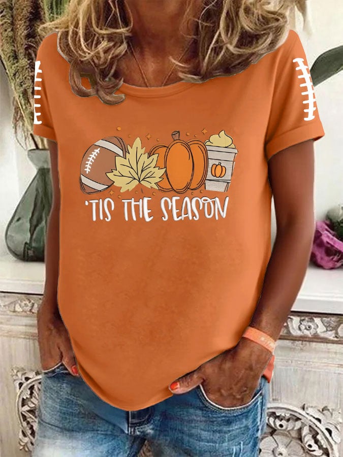 Women's FALL Football TIS THE SEASON Printed Round Neck T-Shirt