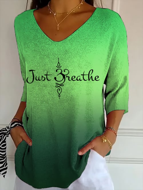 Women's Just Breathe Print V Neck Top