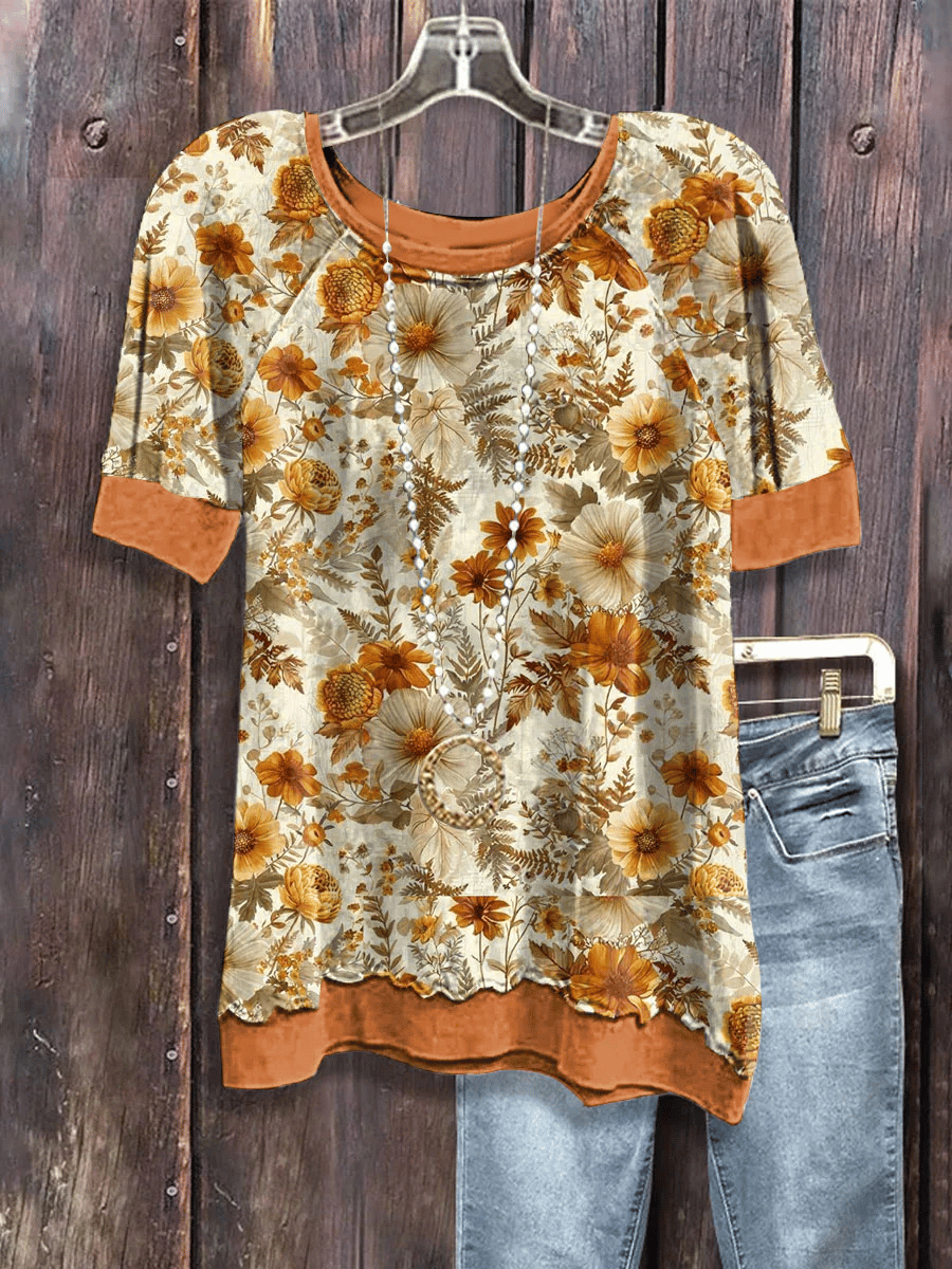 Women's Fall Pumpkin Floral Print Casual T-Shirt