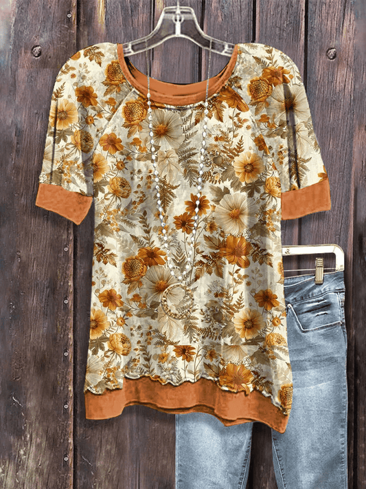 Women's Fall Pumpkin Floral Print Casual T-Shirt