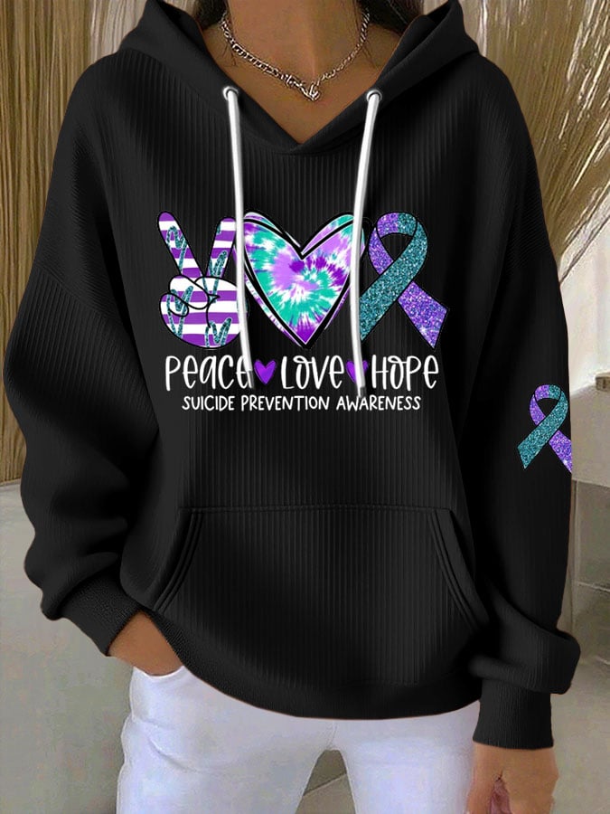 Women's Peace Love Hope, Suicide Prevention Awareness Print Casual Hoodie