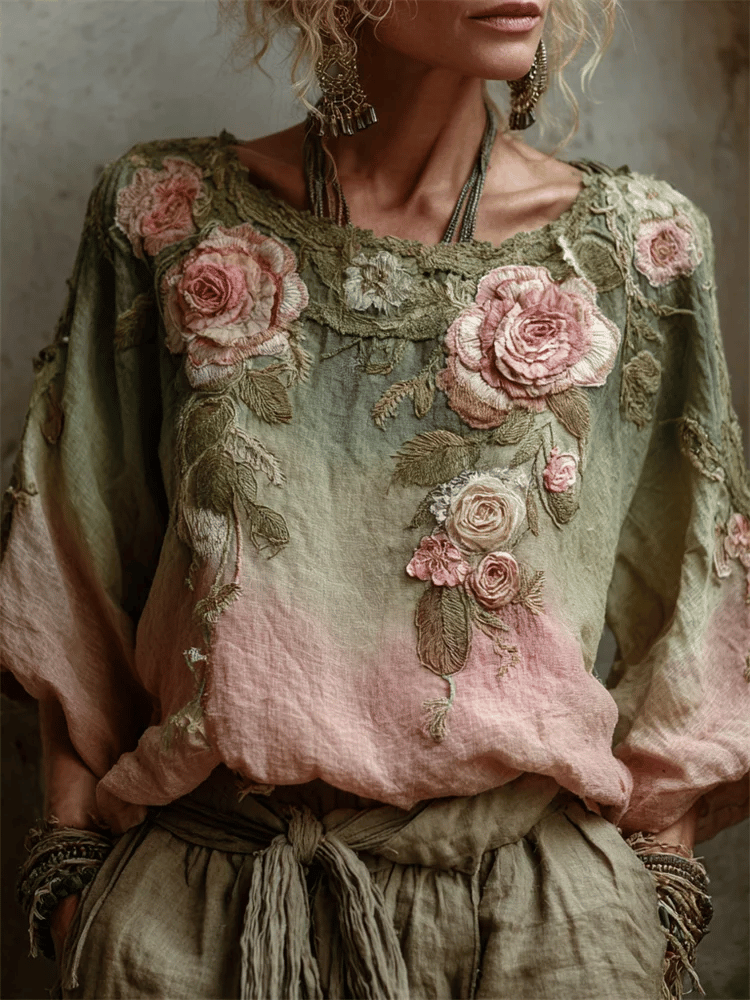 Women's Retro Ethnic Pink Flower Art Print Shirt