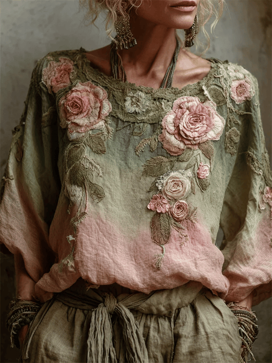 Women's Retro Ethnic Pink Flower Art Print Shirt