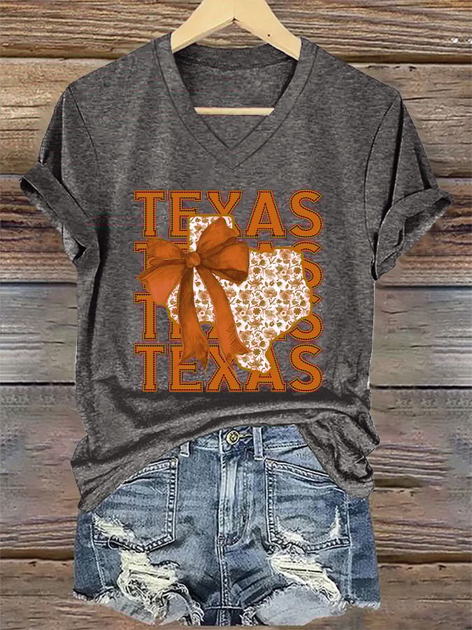 V-Neck Retro Burnt Orange Texas Coquette Bow Print T-Shirt