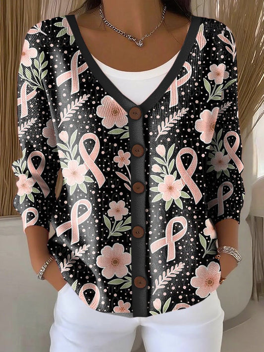Women's Pink Floral Print Knitted Cardigan
