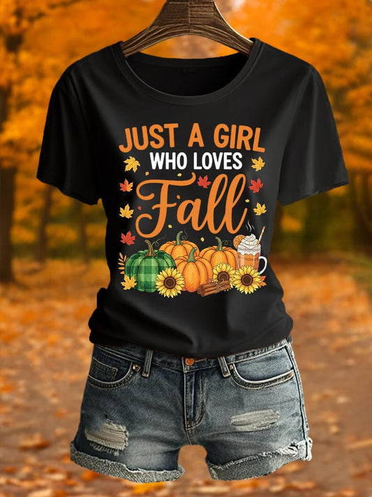 Just A Girl Who Loves Autumn Women'S Printed Round Neck T-Shirt