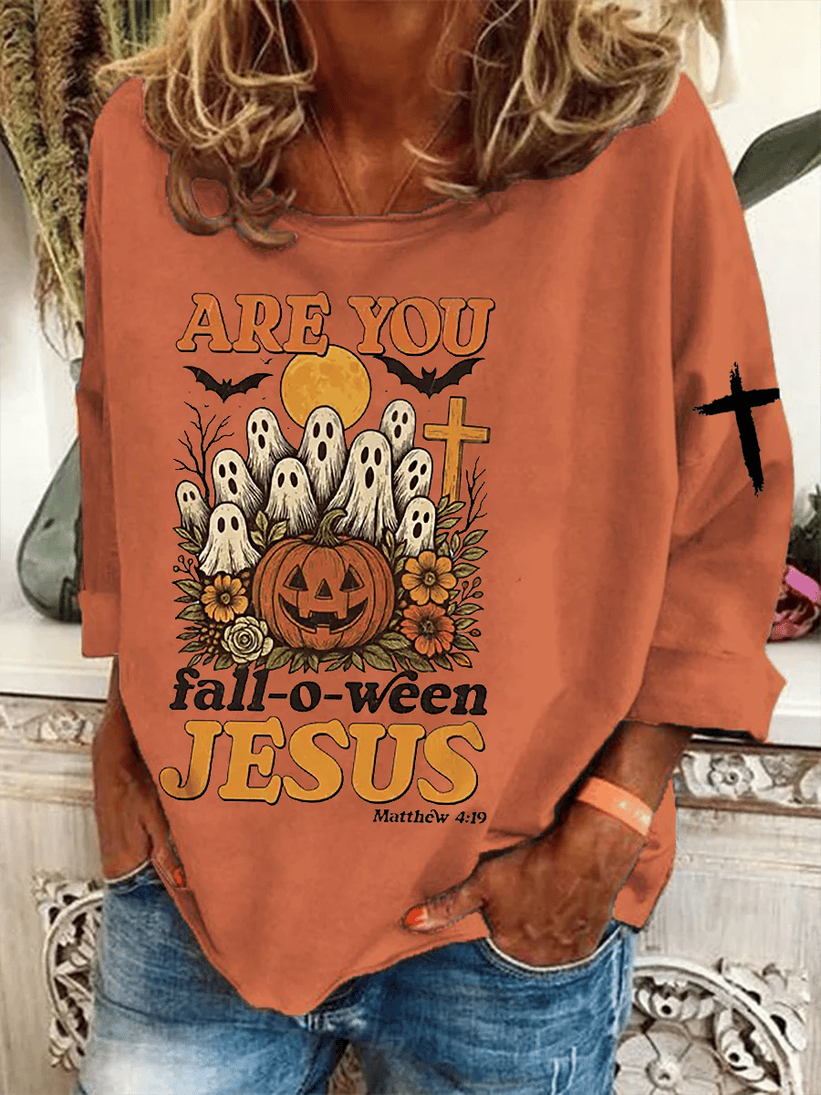 Women's Autumn ARE YOU fall-o-ween JESUS Print Crew Neck Sweatshirt