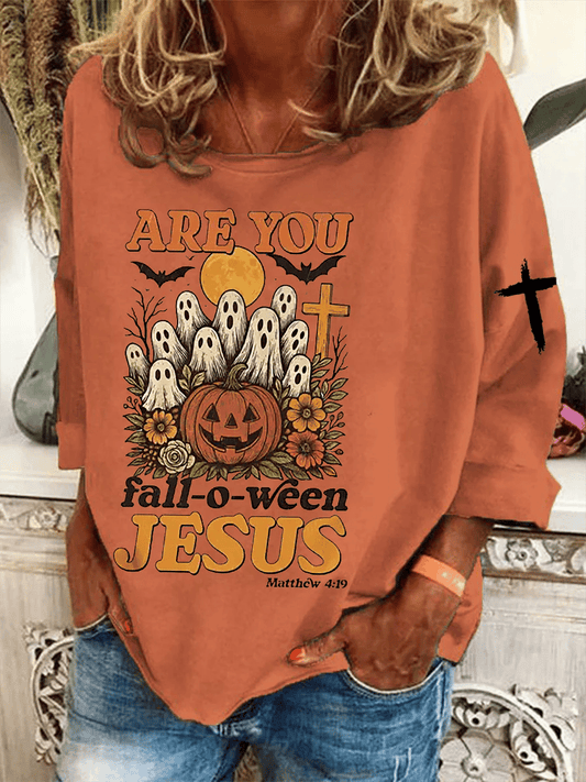 Women's Autumn ARE YOU fall-o-ween JESUS Print Crew Neck Sweatshirt
