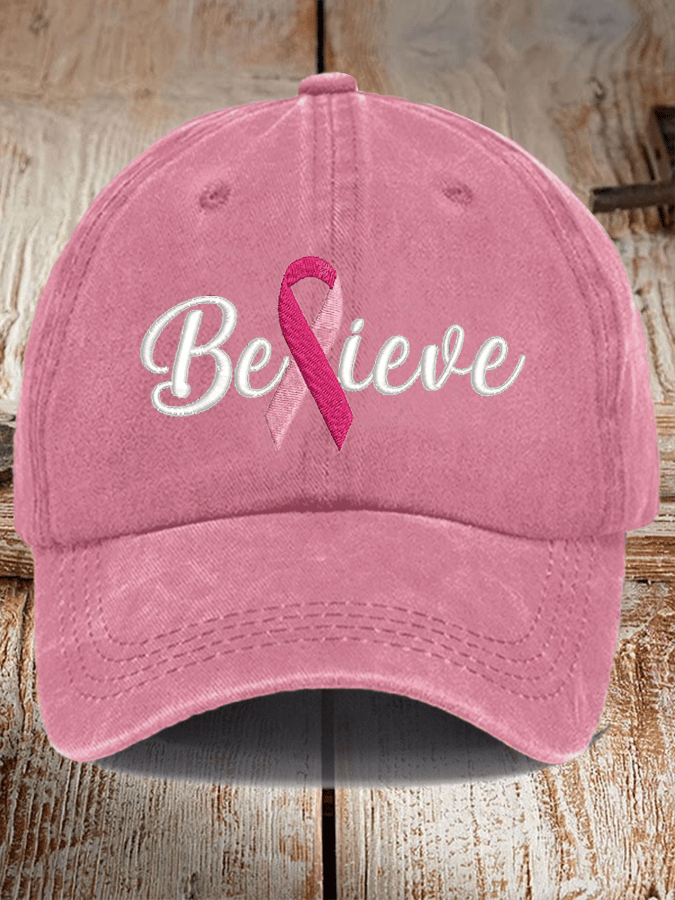 Breast Cancer Believe Ribbon Print Hat