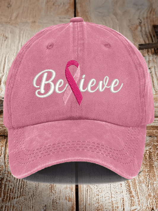 Breast Cancer Believe Ribbon Print Hat