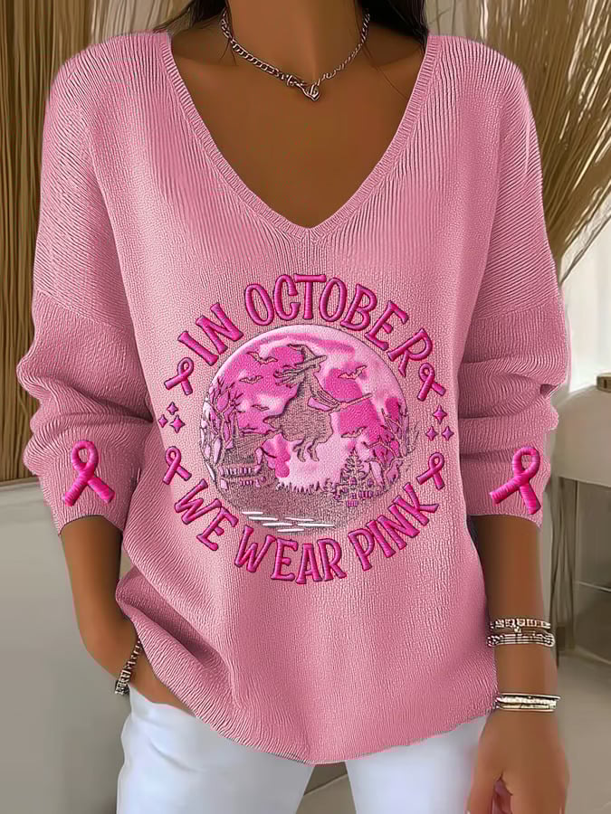 Women's In October We Wear Pink Witch Breast Cancer Awareness Print Drop Shoulder Sweater