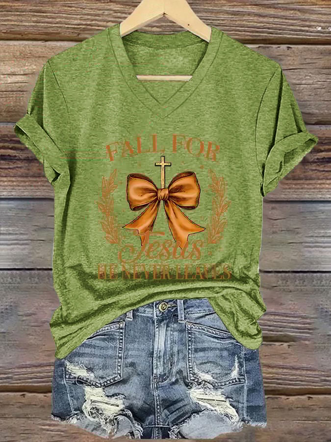 Women's Fall For Jesus He Never Leaves  Print Casual V-Neck T-Shirt