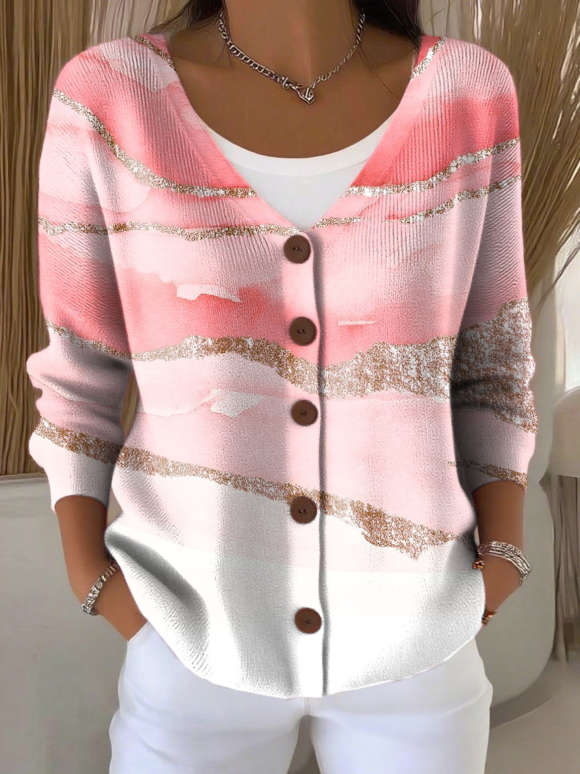 Women's Breast Cancer Awareness Print Chunky Knit Cardigan