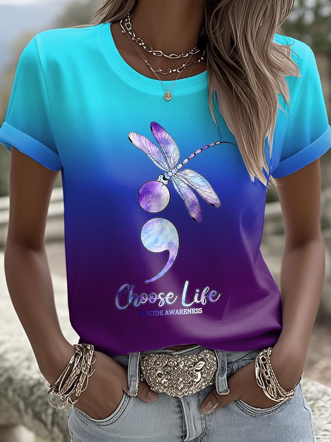 Women's Retro Choose Life Suicide Awareness Printed Casual T-Shirt