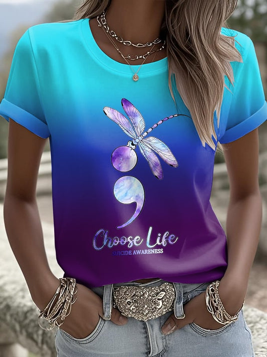 Women's Retro Choose Life Suicide Awareness Printed Casual T-Shirt