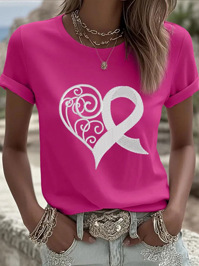 Women's Breast Cancer Heart Print Casual T-shirt