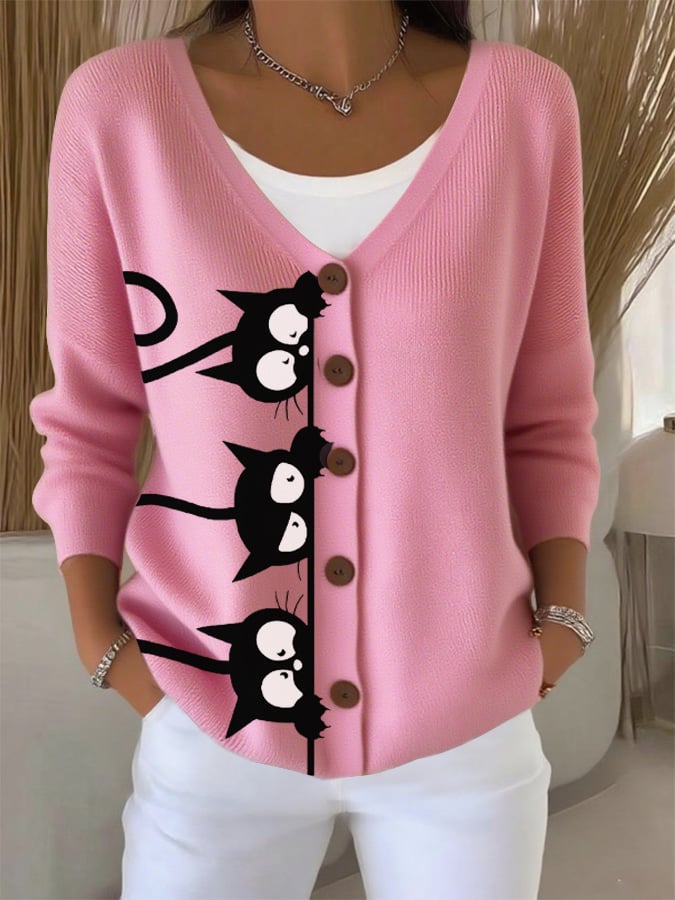 Women's Autumn Sleeping Black Cat Fun Printed Sweater Cardigan