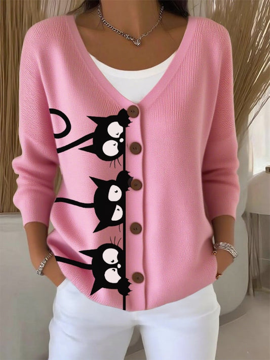 Women's Autumn Sleeping Black Cat Fun Printed Sweater Cardigan