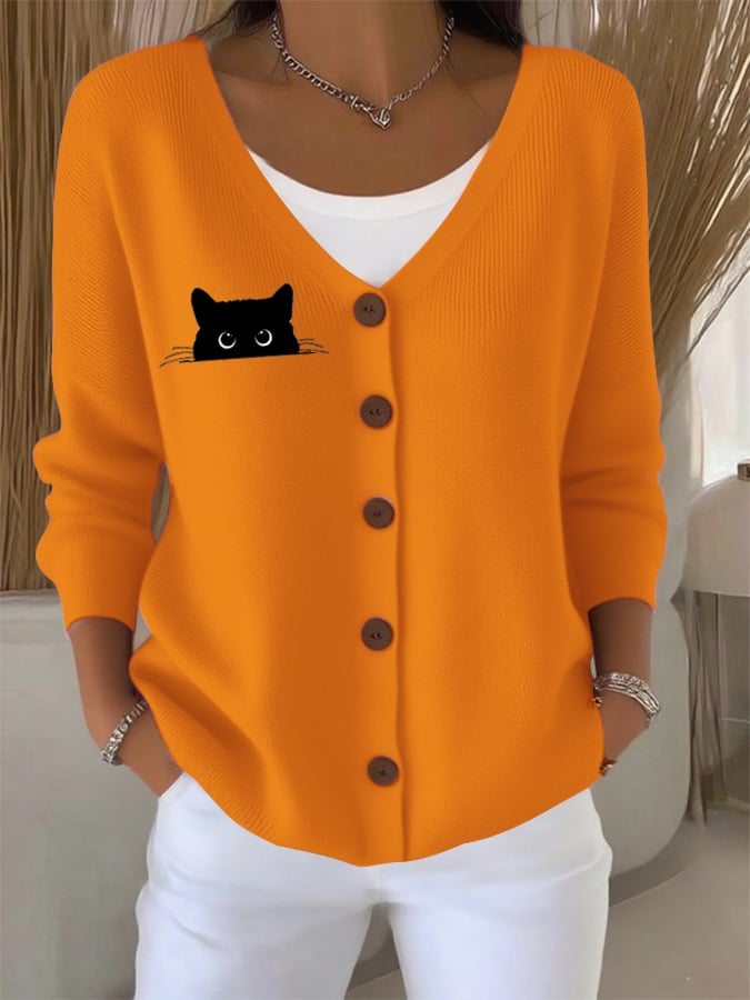 Women's Autumn Cute Black Cat Print Casual Sweater Cardigan