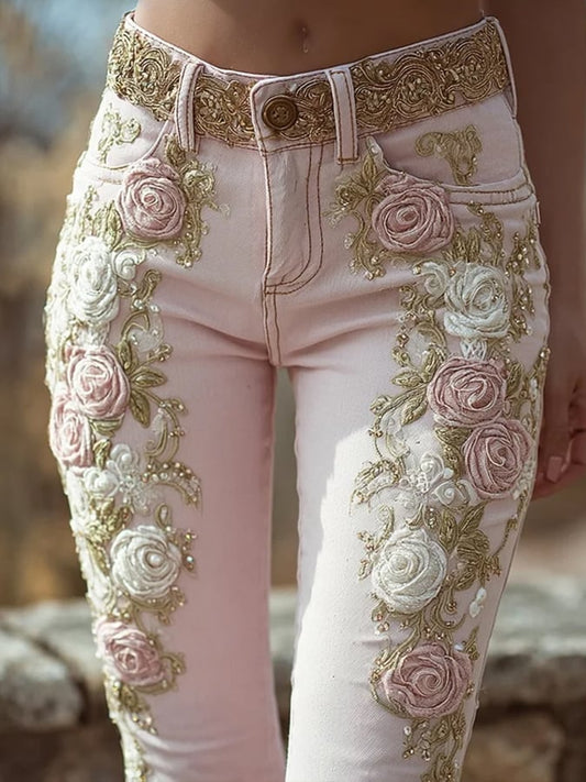 Women's Vintage Pink Rose Embroidery Art Jeans