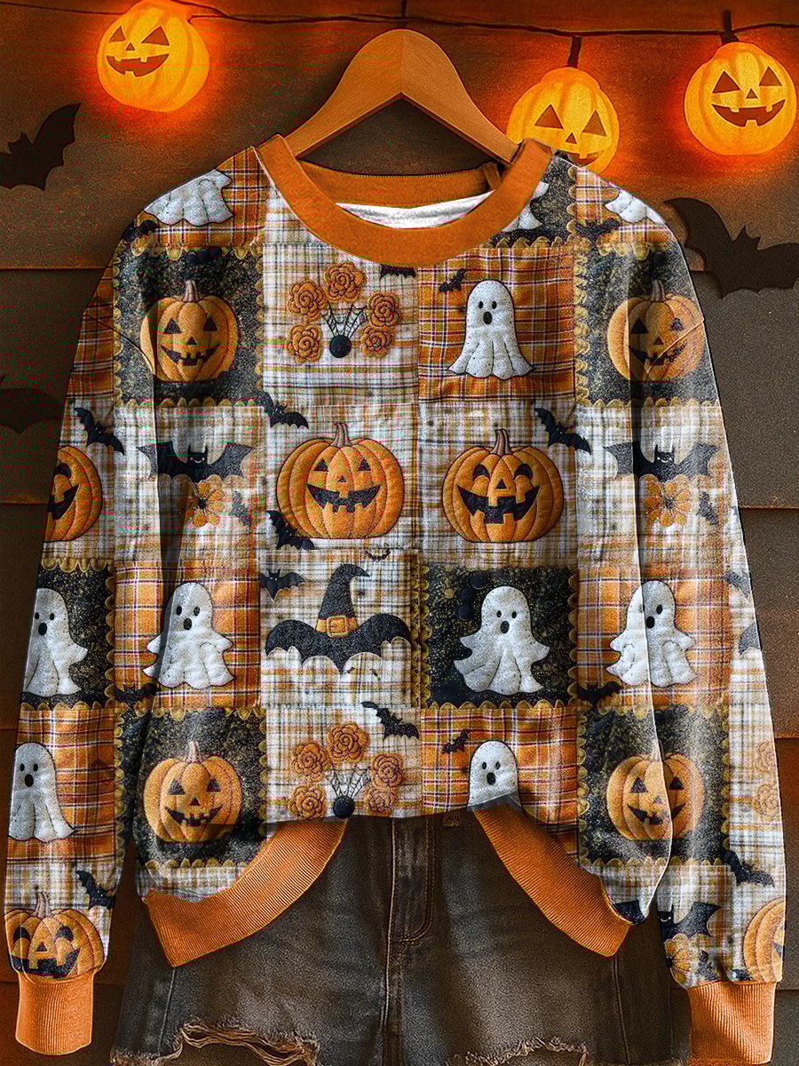 Women's Fall Patchwork Pumpkin Print Crew Neck Sweatshirt