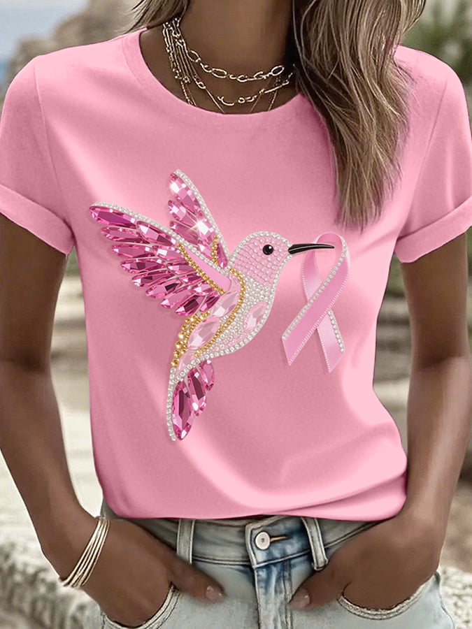 Women's Pink Hummingbird and Ribbon Rhinestone Art Print Round Neck T-Shirt
