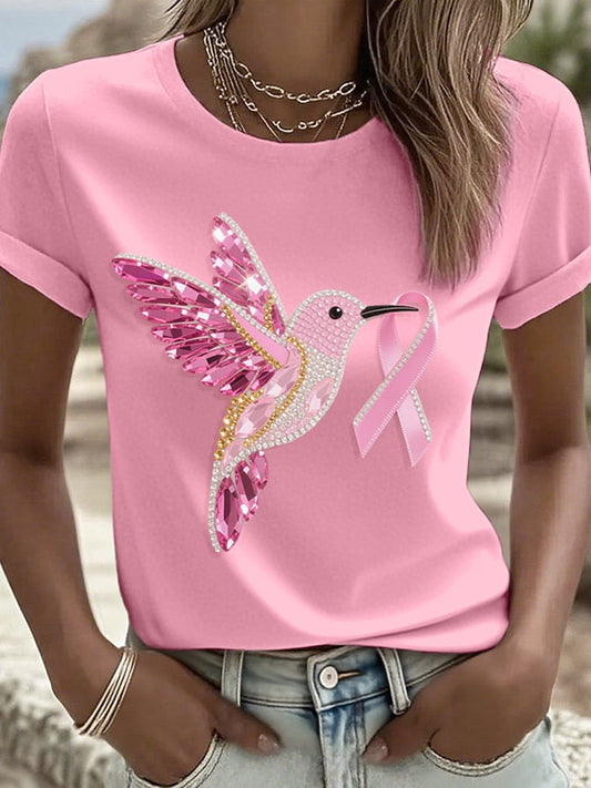 Women's Pink Hummingbird and Ribbon Rhinestone Art Print Round Neck T-Shirt