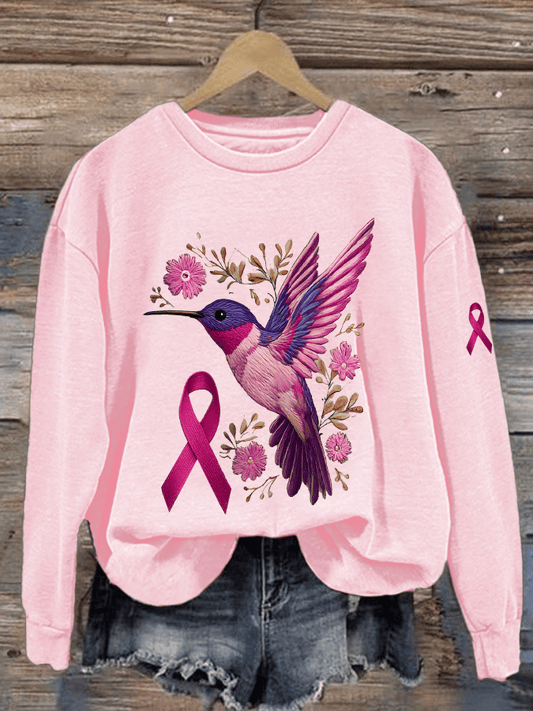 Women's Breast Cancer Awareness Hummingbird Print Crew Neck Sweatshirt