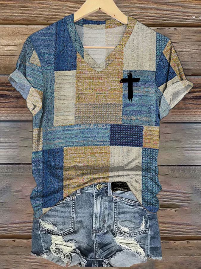 Women's Casual Retro Color Block Faith T-Shirt