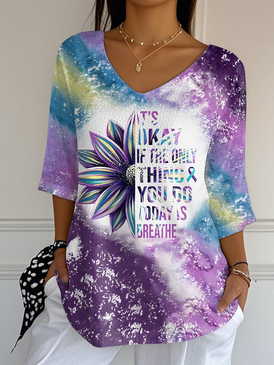 Women's It's Okay If The Only Thing You Do Today Is Breathe Sunflower Print Mid Sleeve T-Shirt