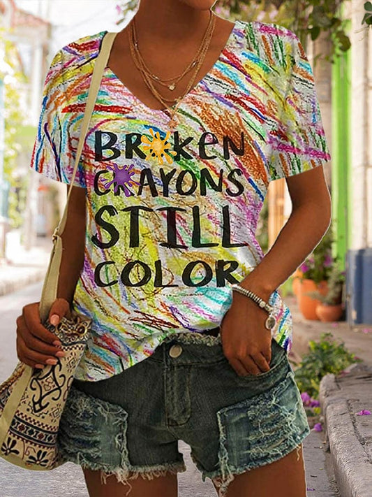 Women's Broken Crayons Still Color Print V Neck T-Shirt