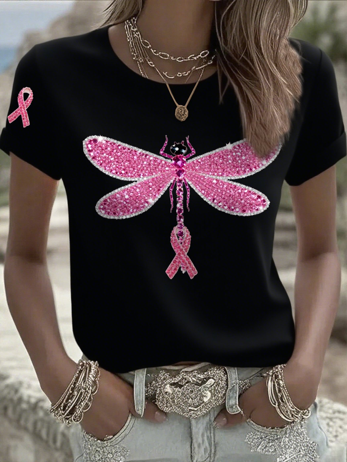 Women's Casual Pink Dragonfly Ribbon Hot-Stitching Rhinestone Print T-Shirt