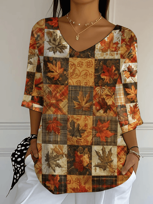 Women's Autumn Maple Leaf Pumpkin Printed T-Shirt