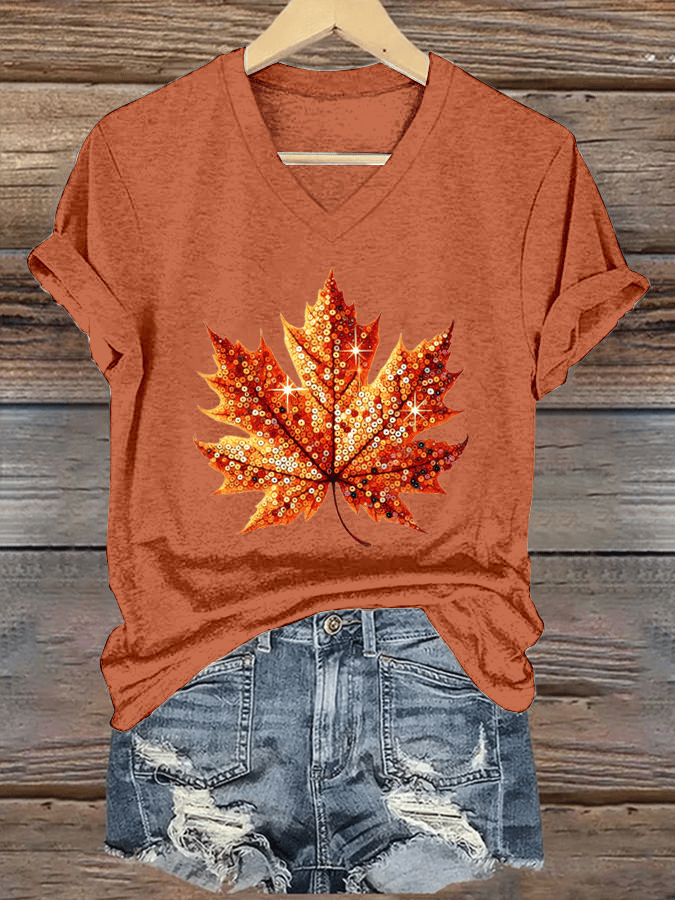Women's Autumn Sequin Maple Leaf Print V-Neck T-Shirt