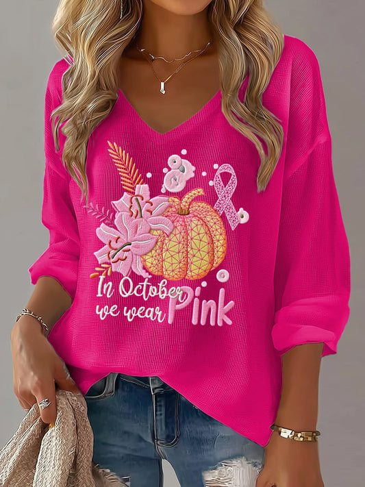 Women's Casual Lily Pumpkin October We Wear Pink Waffle Long-Sleeved T-Shirt