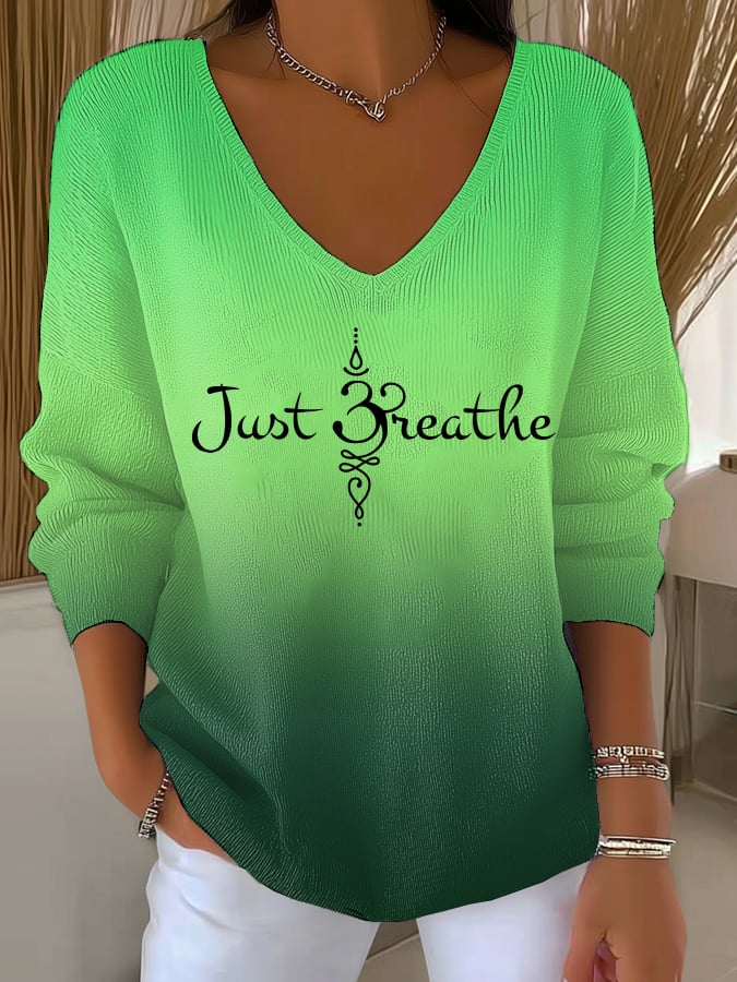 Women's Just Breathe Print V Neck Sweater